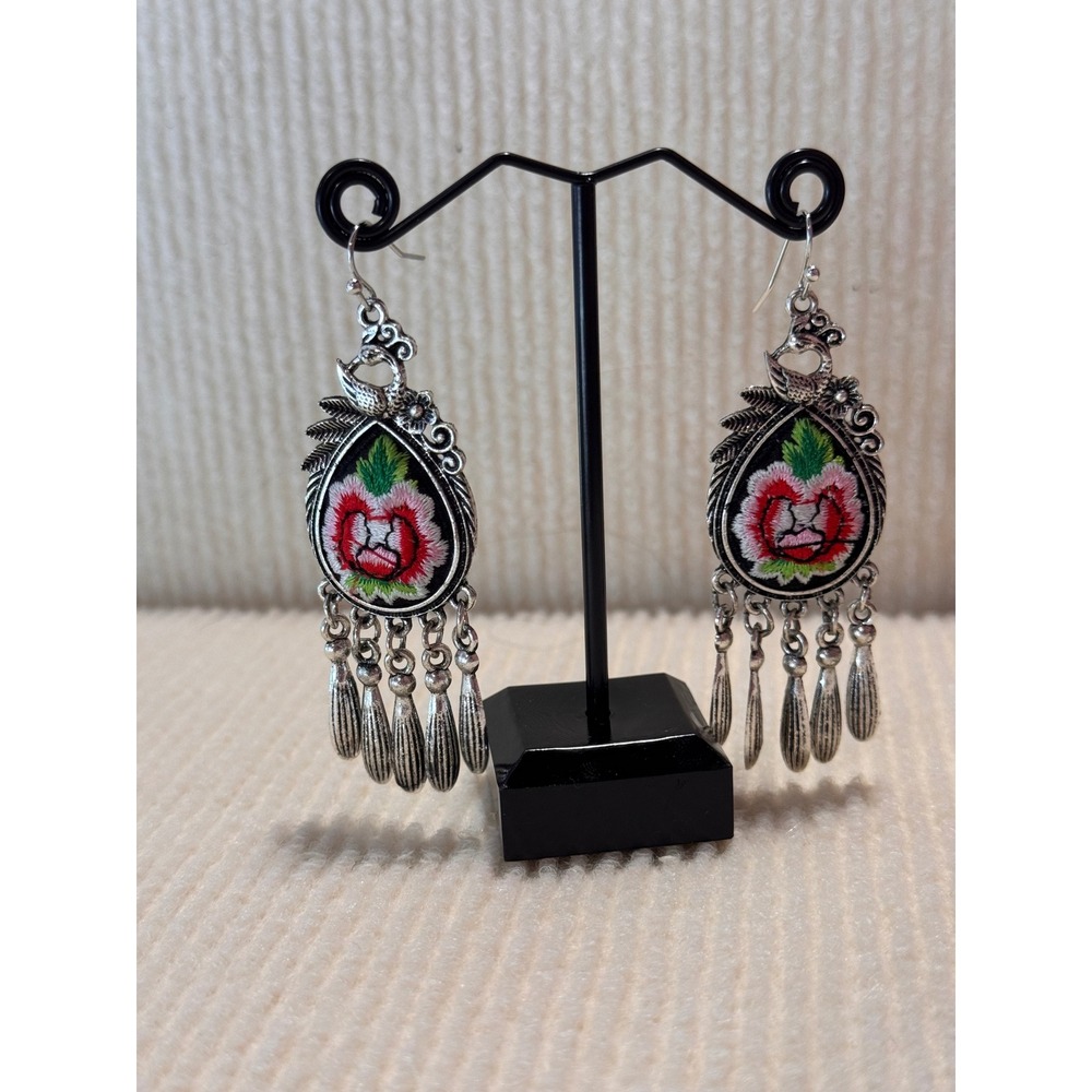 Boho Floral Embroidered Peacock Drop Earrings Silver Tone Chandelier Dangle